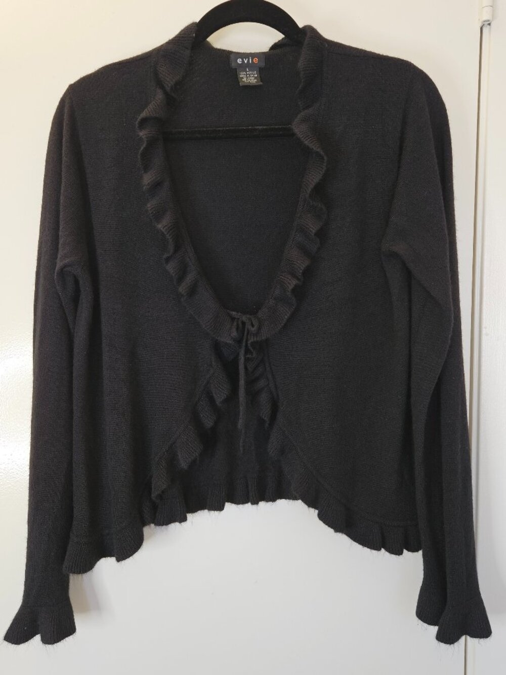 Evie Ruffled Trim Tie Front Sweater/Shrug Long Sleeves Soft & Warm, L